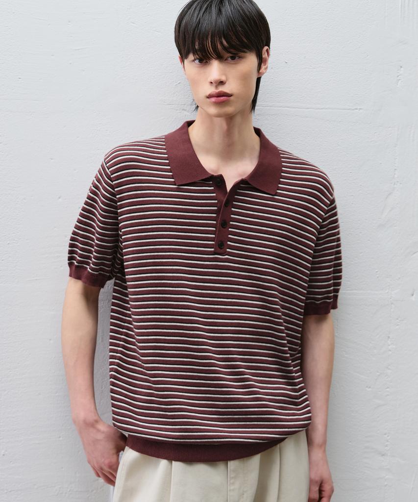 DRAW FIT Repose Striped Polo Knit [Burgundy]