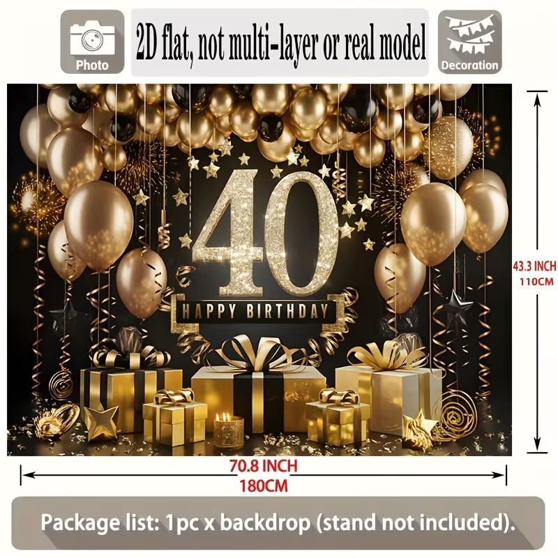 2D Black Gold 40th Birthday Backdrop Happy 40th Birthday Party Decoration Banner