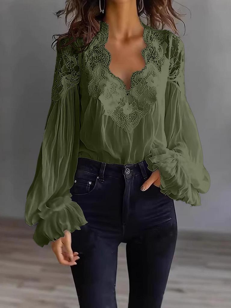 Женская рубашка с кружевной аппликацией, пэчворком, пышными рукавами и плиссировкой, 2026 г., европейская и американская
