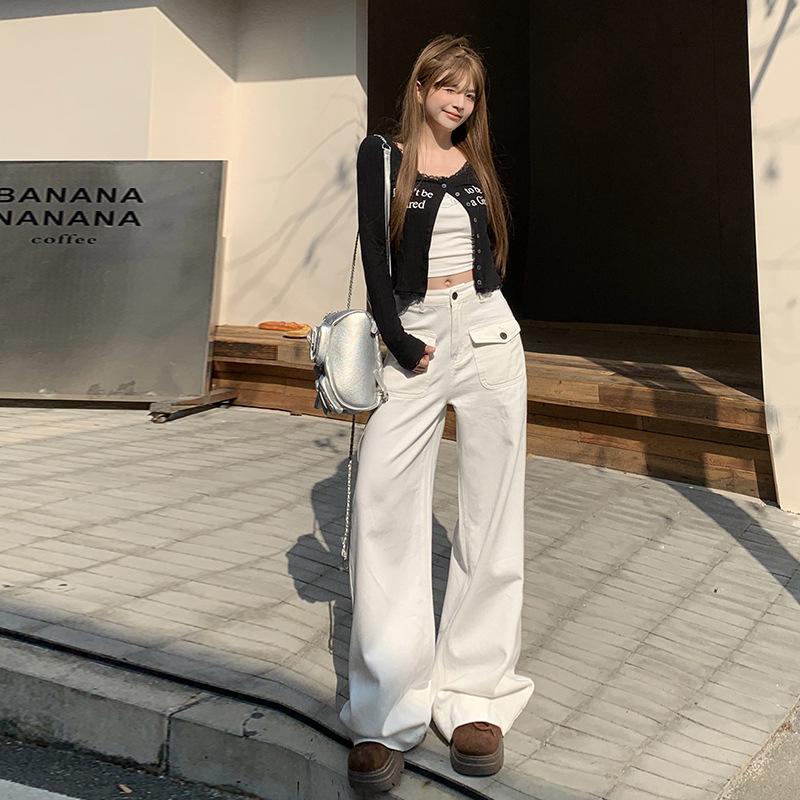 Белые джинсы с высокой талией и широкими штанинами – Женские осенне-зимние стройнящие свободные повседневные рабочие брюки