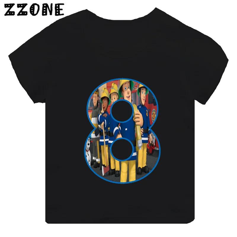 Fireman Sam Firefighter Print Cartoon Boys Clothes 1 2 3 4 5 6 7 8 9 Years Birthday Number Kids T shirt Cute Baby Girls TShirts