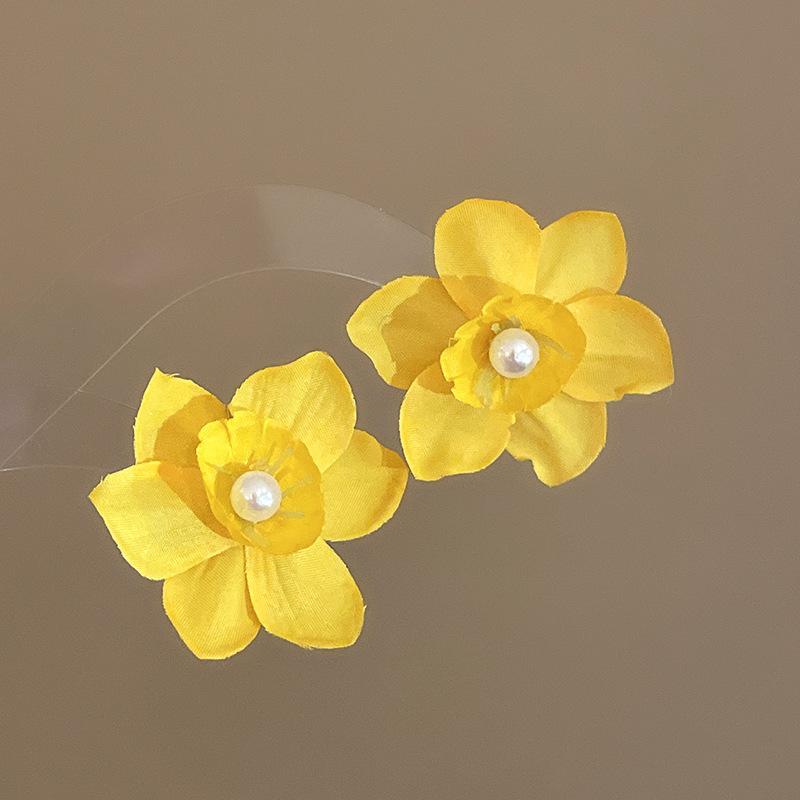 Yellow Fabric Flower Bud Dangle Earrings for Women Super Crystal Drop Earring Imitation Pearl Tassel Hanging Party Jewelry D