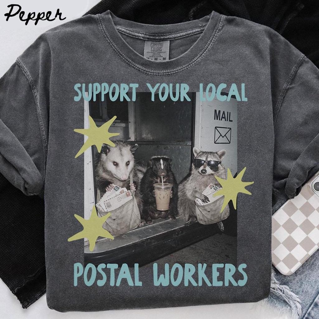 Comfort Colors Postal Worker Raccoon Shirt, Mail Carrier Gifts, Possum Mail Carrier Funny Tshirt, Iced Coffee Mail Carrier Tee, Crew Neck