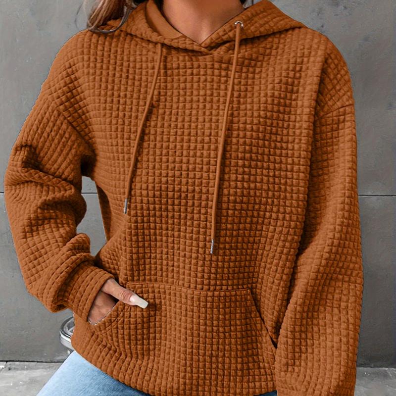 Повседневная толстовка больших размеров, женская однотонная толстовка с капюшоном и завязками с длинными рукавами и вафельным узором, с карманами