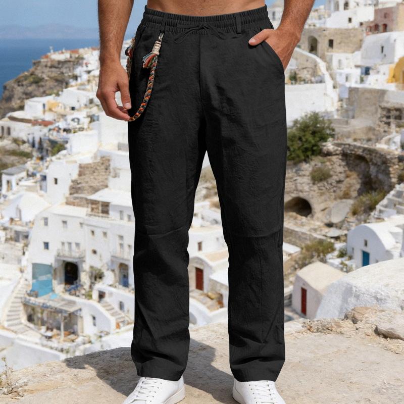 Men’s All-season Loose-fit Casual Linen Trousers with Bohemian-style Decorative Waistband and Straight-leg Cut