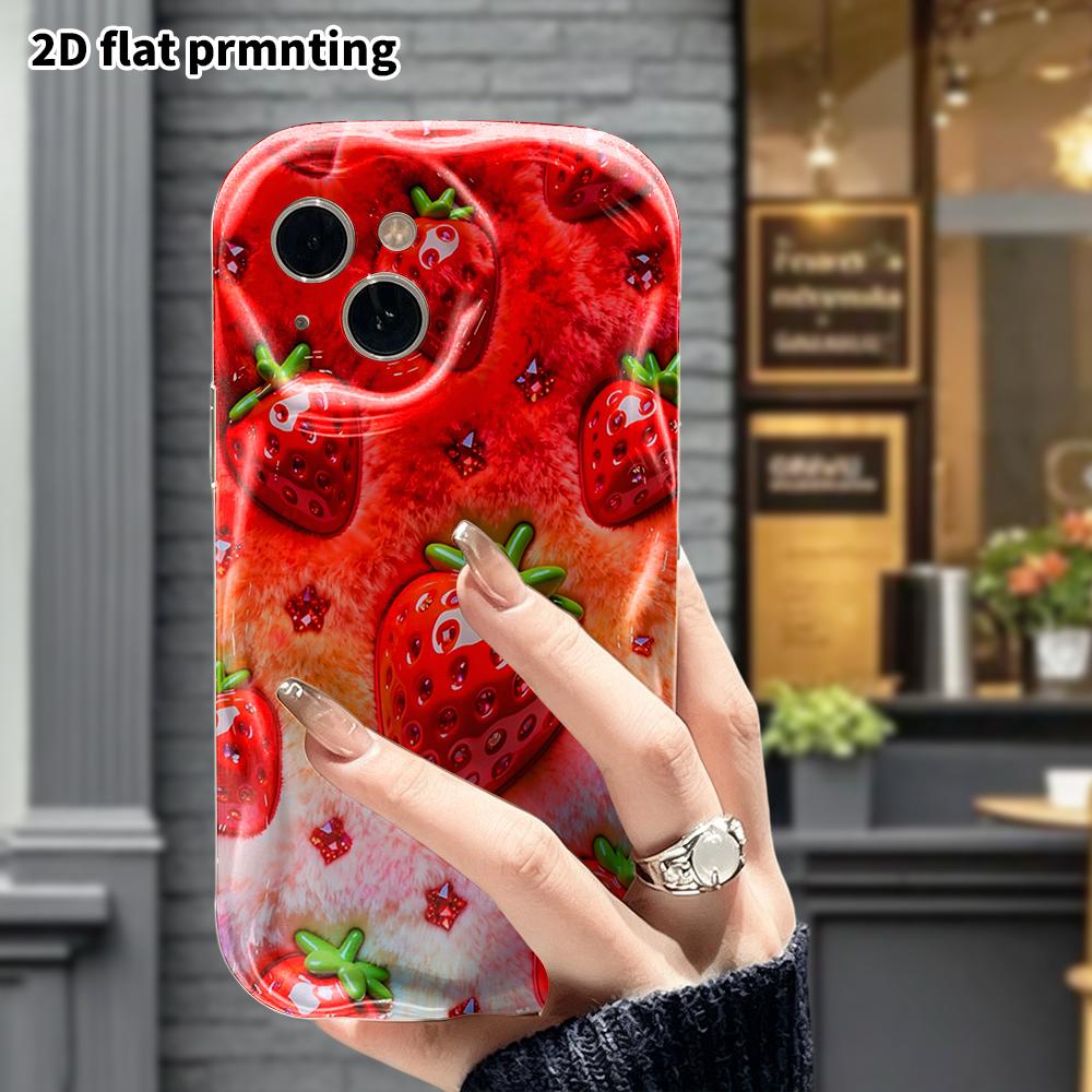 Phone case: 2D flat, fits iPhone 12 Pro, 13, 14, 15, 16, 17, 18, phone decoration, full-print glossy strawberry, perfect festive gift for Christmas an