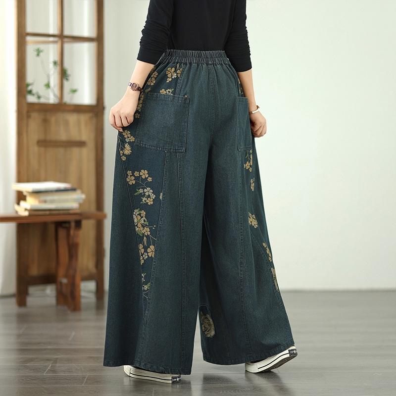 Plus Size Vintage Floral High Waist Casual Loose Women Spring Autumn Jeans Denim Wide Leg Pants