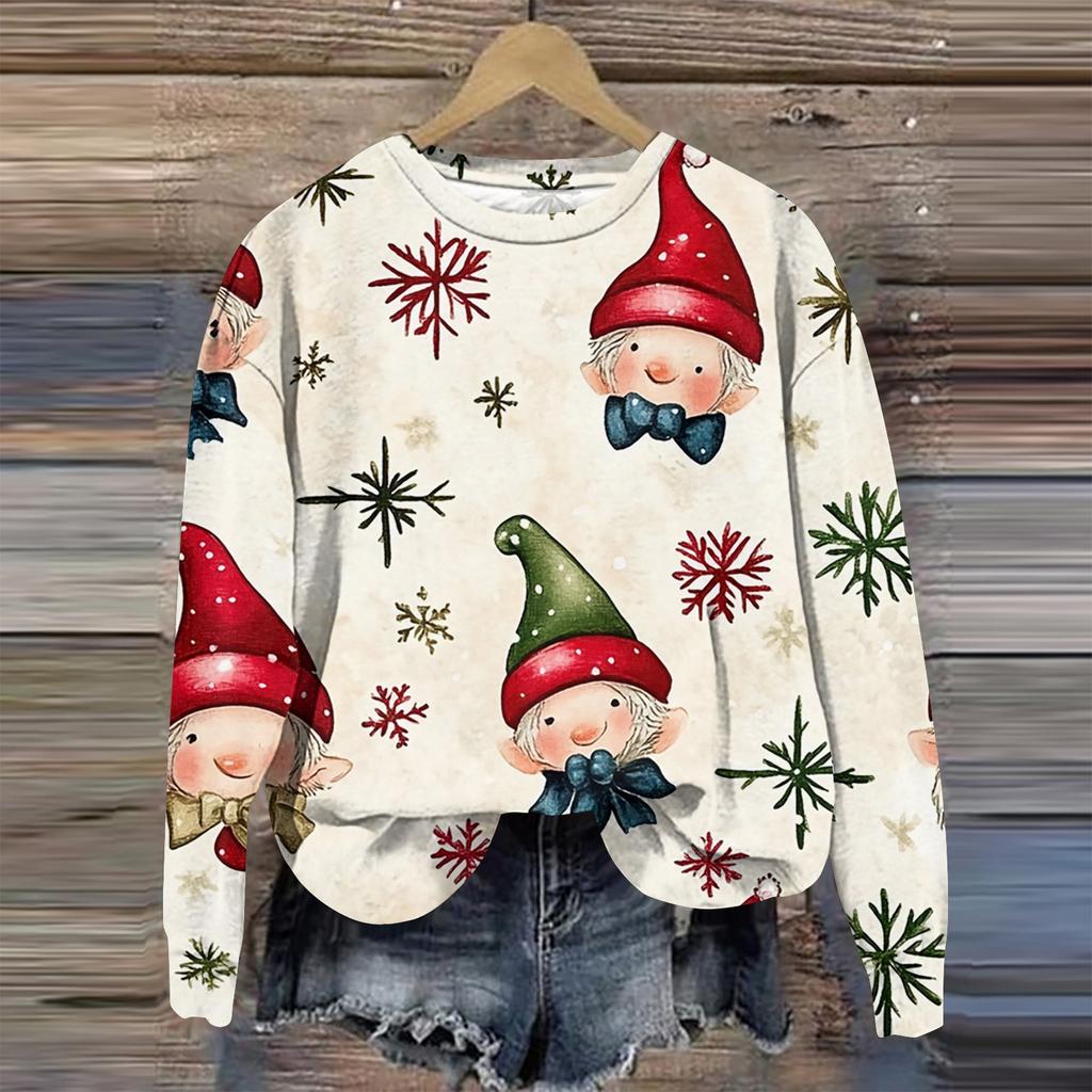 Женская мода круглый вырез пуловер длинный рукав футболка рождественский принт топ