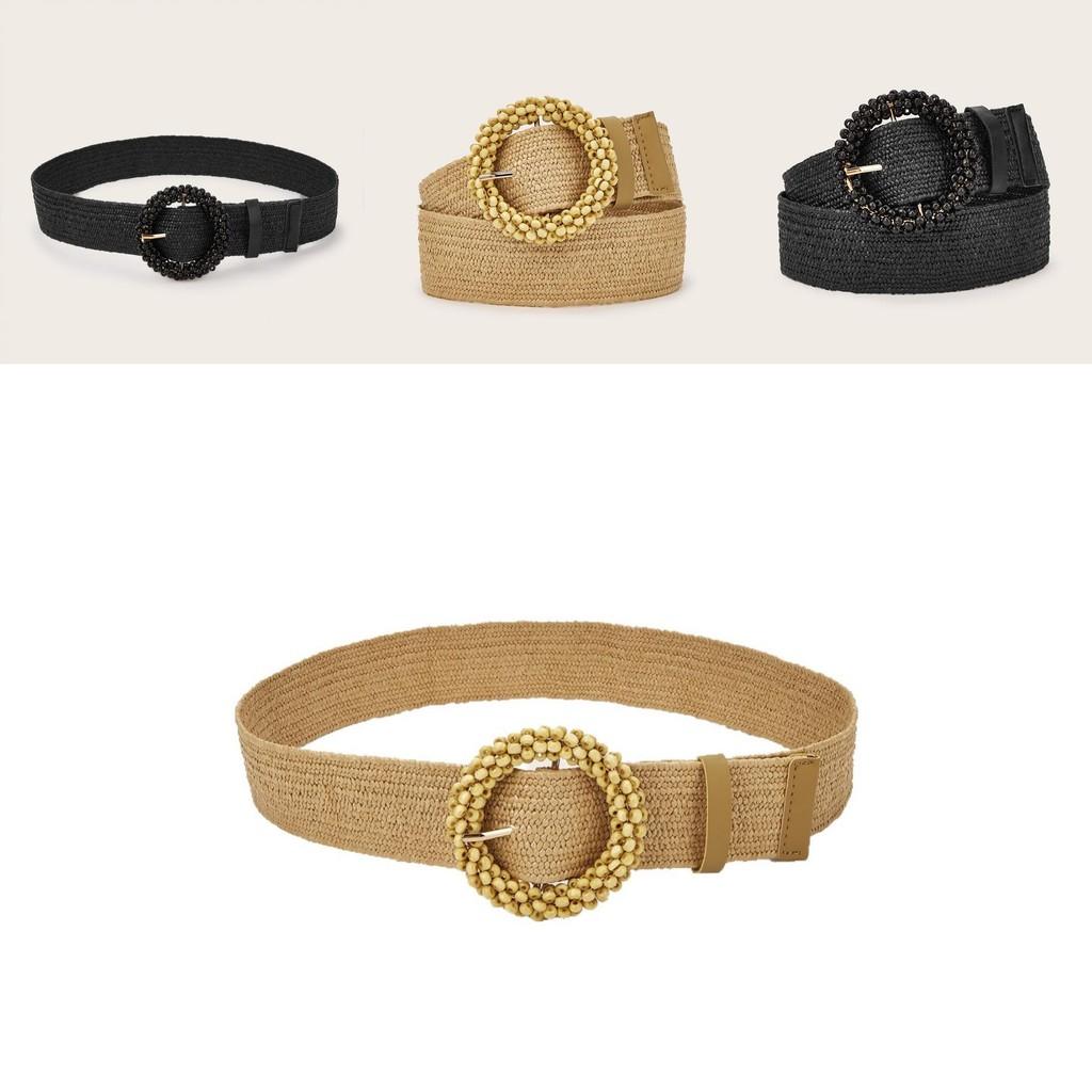Simple Solid Color Bead Ring Buckle Decoration Women Woven Belt For Casual Ethnic Wear
