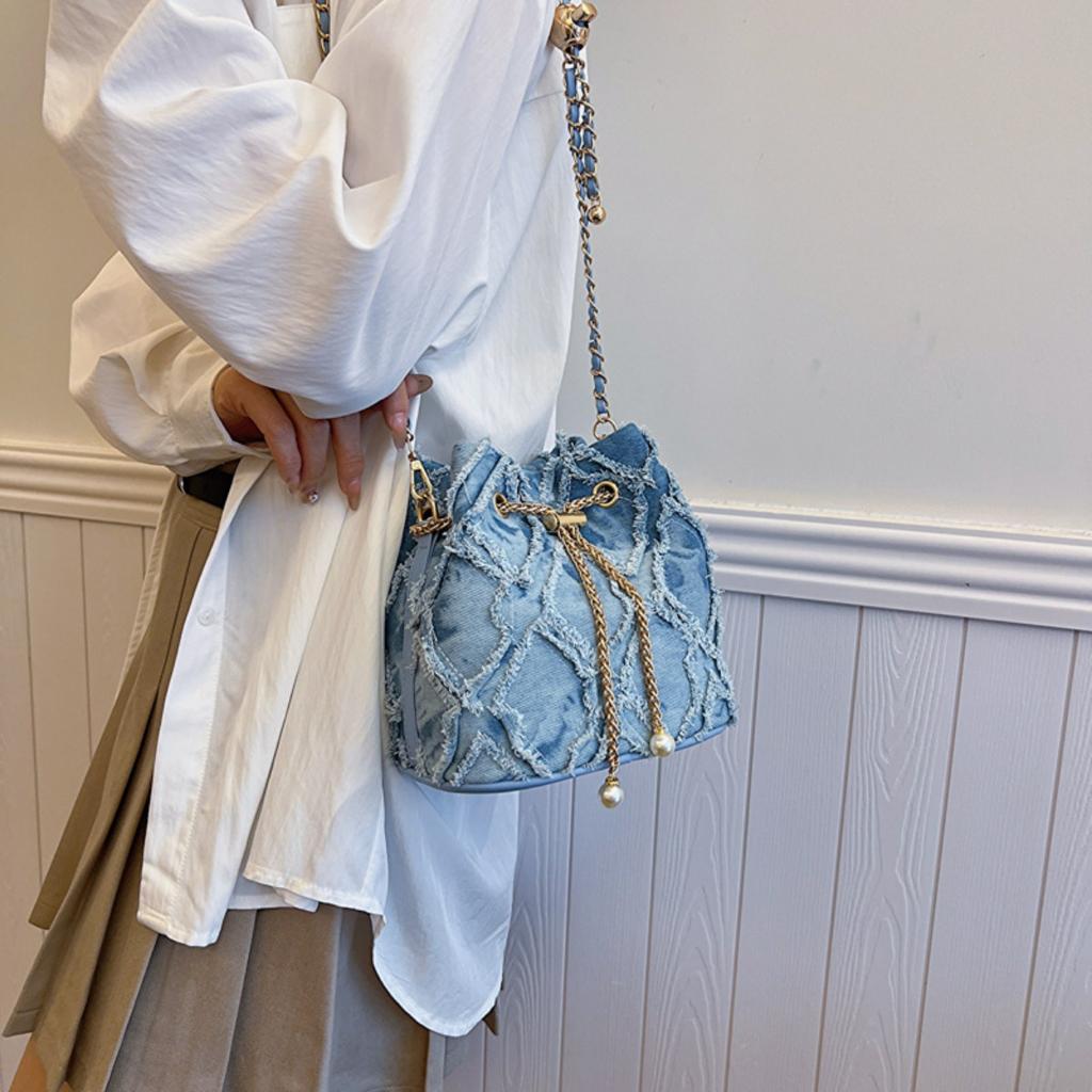 Ling Grid Chain Bucket Bag, Simple Crossbody Bag, Women's Trendy Drawstring Tassel Shoulder Bag