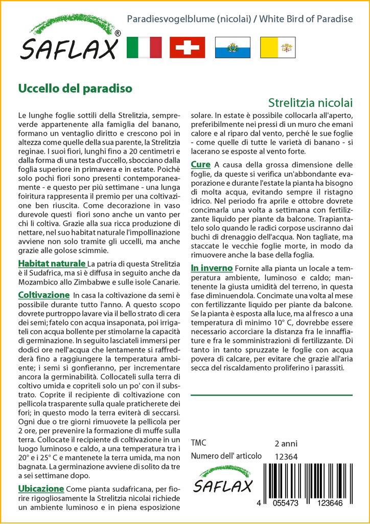 SAFLAX White Bird of Paradise - 5 семян - С горшечным субстратом для лучшего выращивания - Strelitzia nicolai