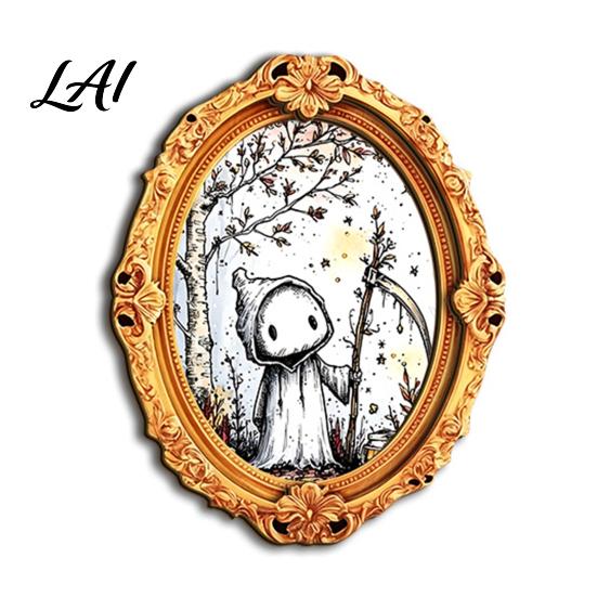 Retro Frame Fridge Magnet Halloween Wooden Refrigerator Magnet Oval Holiday Pumpkin Ghost Magnetic Decoration for Kitchen Illustration