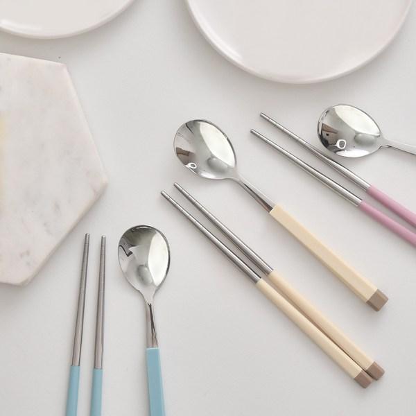 Diyou Sangsang&Stainless Steel Korean Junior Cutlery Set for 2, Blue, Ivory, 2 Types of Spoons + 2 Types of Chopsticks, 1 Set