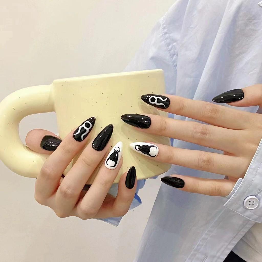 HANDMADE Artificial Nail Zodiac Sign - Taurus Hand Painted Black Phototherapy Nails Fake Nails Reusable and Removable Nails