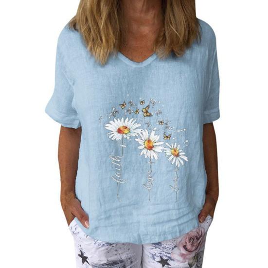 Casual Women T-shirt V Neck Marguerite Butterfly Printed Short Sleeve