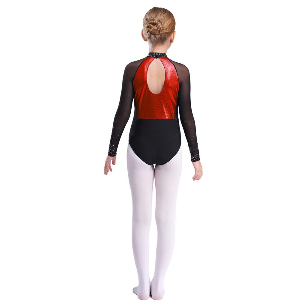 Girls Shiny Rhinestones Leotard Color Block Patchwork Keyhole Back Sheer Mesh Long Sleeve Bodysuit