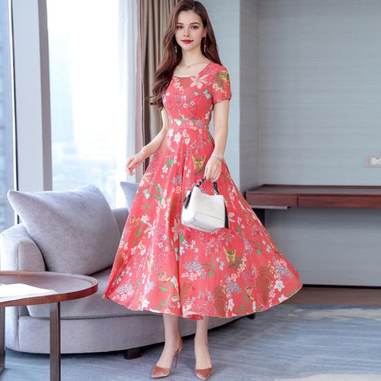 Женское летнее платье с цветочным принтом, пляжное платье длиной до середины икры с узкой талией, короткими рукавами, круглым вырезом, платье А-силуэта для вечеринки в отпуске