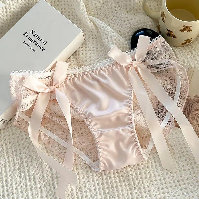 Ladies Sexy Mesh Panties Mid-waist Seamless Lace Underwear Briefs Japanese Style Young Girl Underwear Pink Bow Lingerie