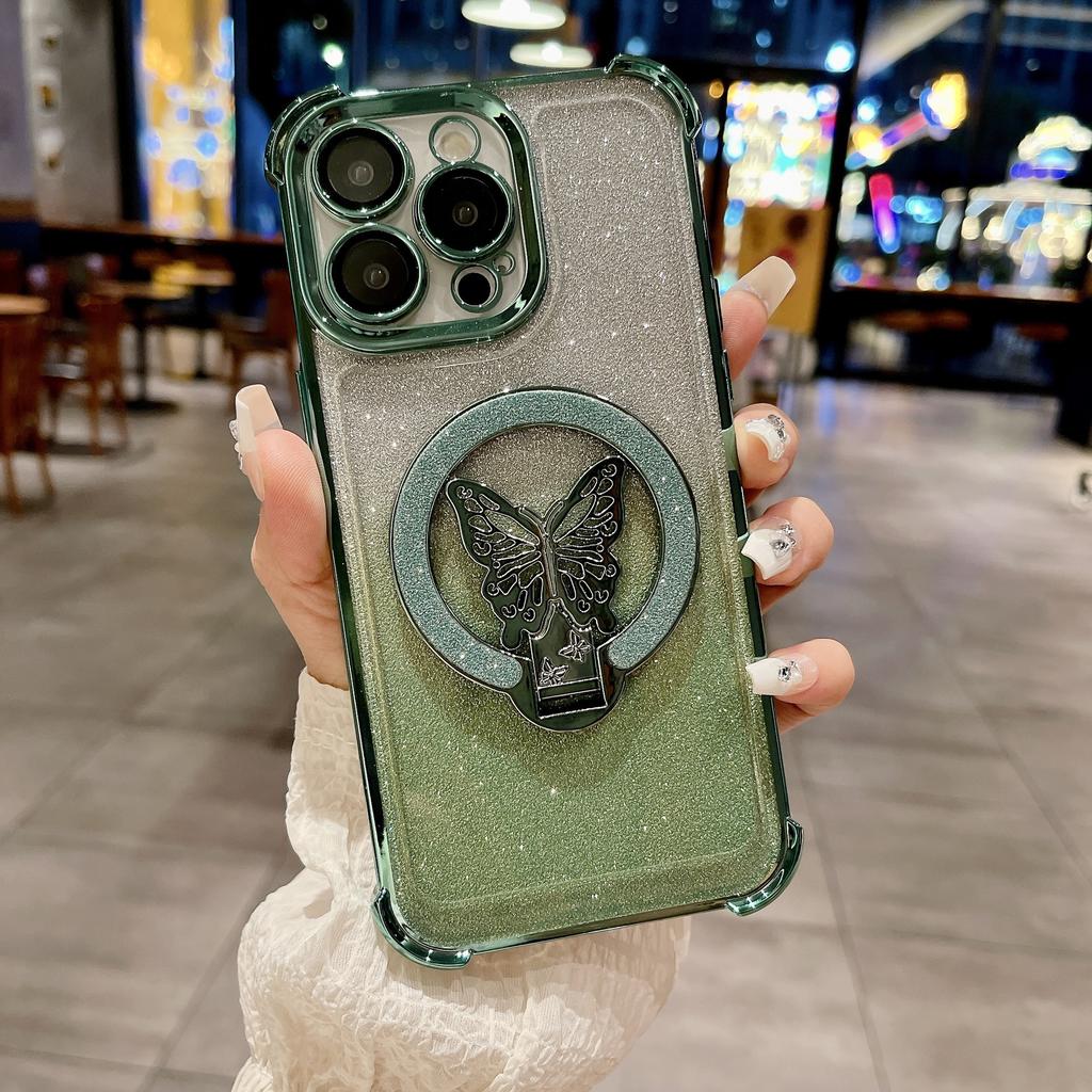 Подходит для чехла для мобильного телефона iPhone16 Магнитный чехол с блестками и подставкой-бабочкой 14 Apple 15 Четырехугольная подушка безопасности Противоударный чехол