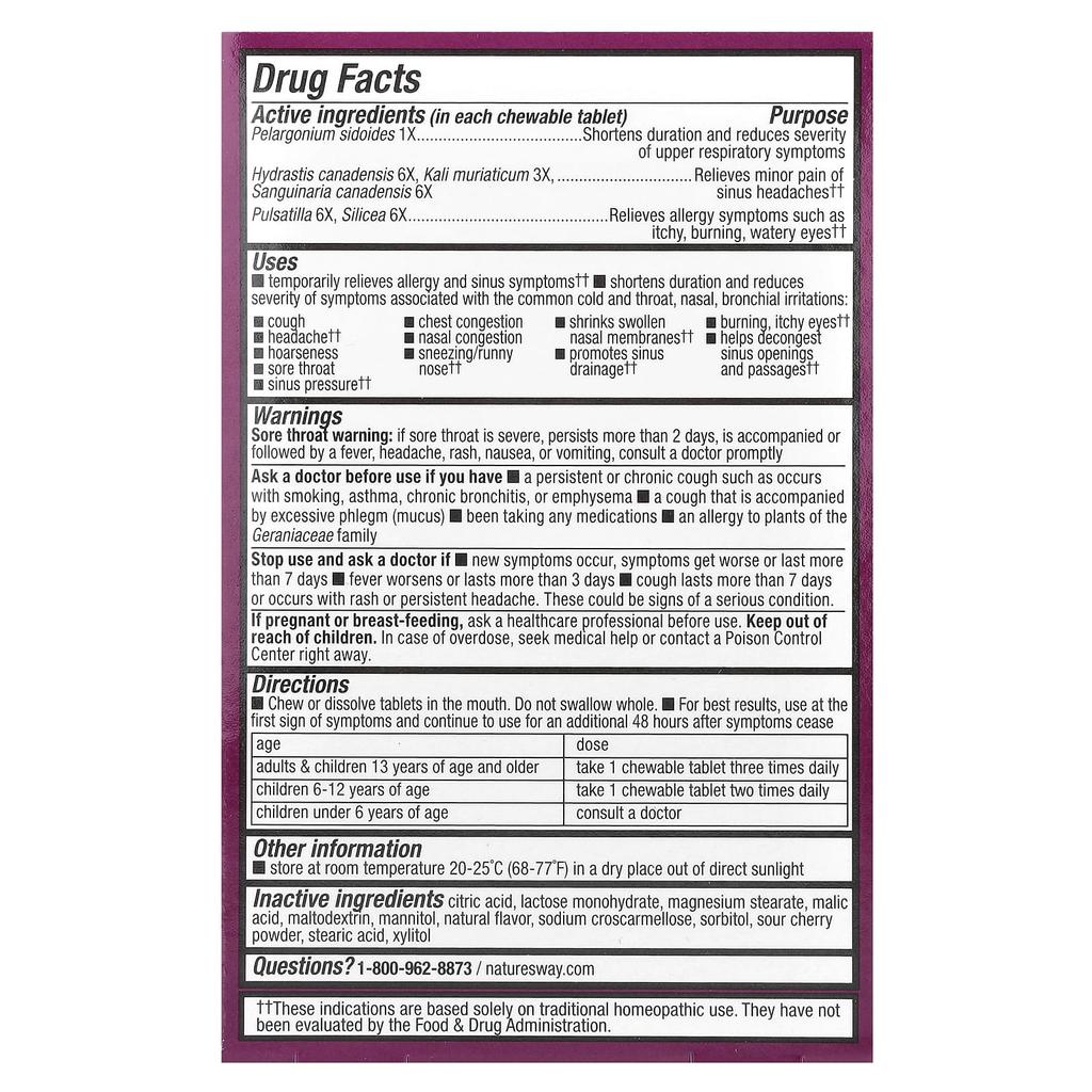 Nature's Way Umcka®, Allergy + Sinus Relief Chewables, Ages 6+, Cherry, 20 Tablets