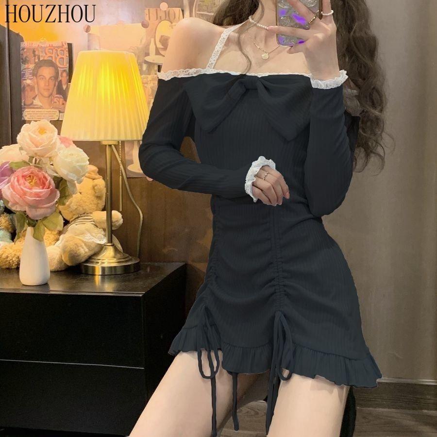 Платье без бретелек с бантом. Весеннее французское милое платье с висячим воротником и длинными рукавами на шнуровке «рыбий хвост».