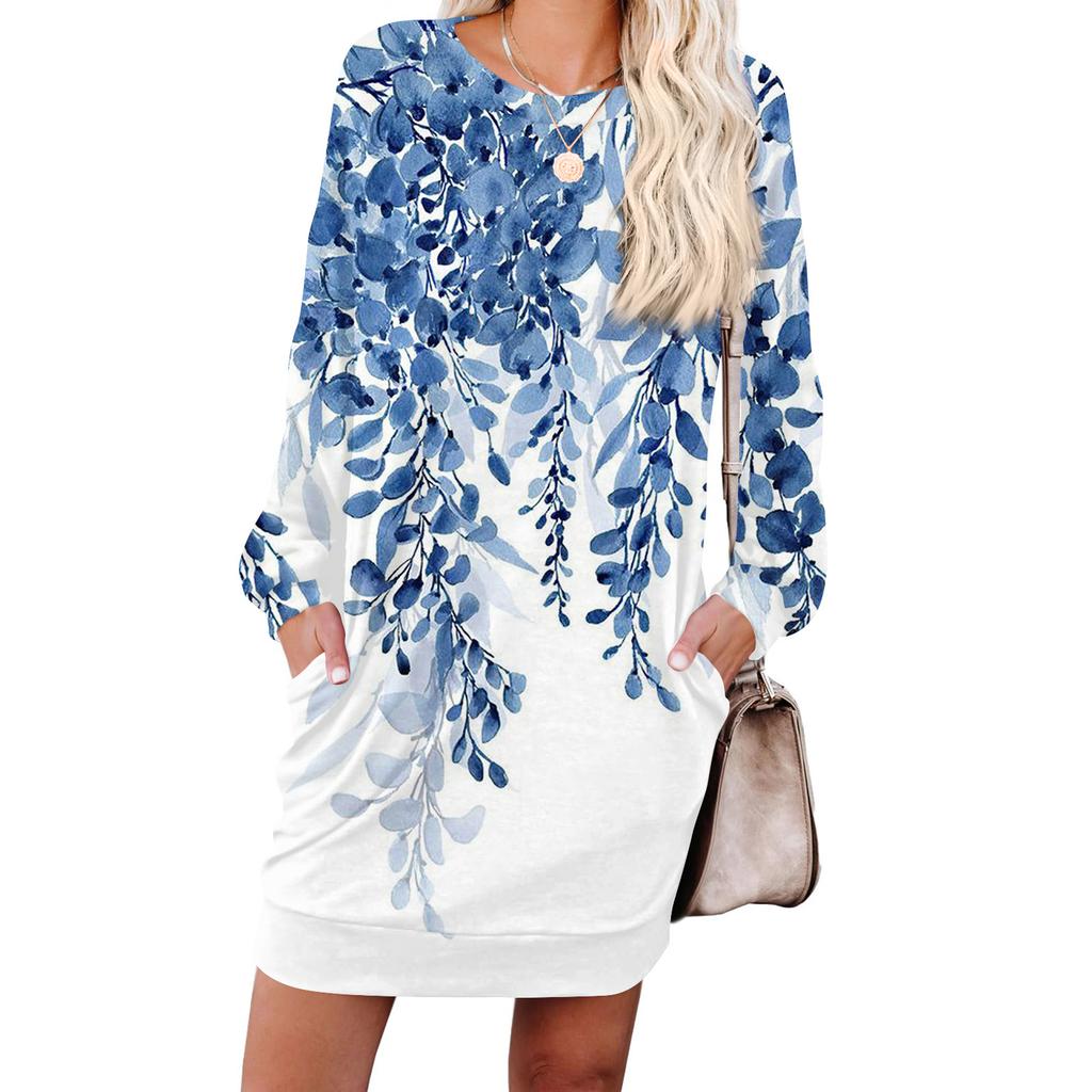 Женское модное платье с ретро-принтом, с длинным рукавом, круглым вырезом и карманом