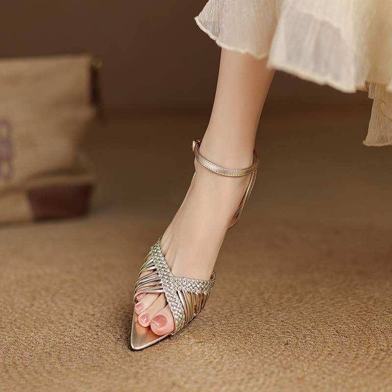 Krazing Pot Gladiator Straw Weaving Mules Summer Size 42 Wedding Party Stiletto Med Heels Women Women Peep Toe Sandals