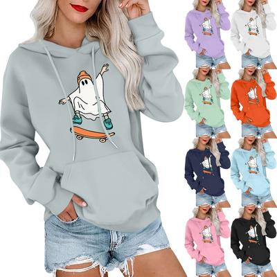 Женский модный, повседневный, удобный свитер с круглым вырезом, капюшоном, длинными рукавами и принтом на Хэллоуин