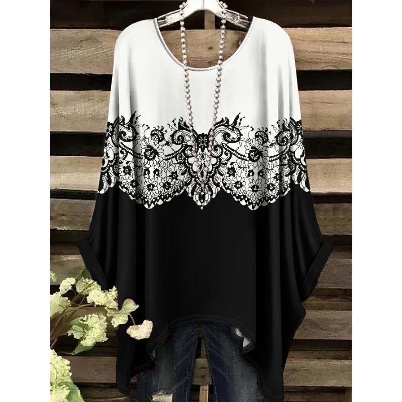 Elegant hollow floral print curly vine women's long sleeve t-shirt plain flower diffuse pattern print, (no accessories)
