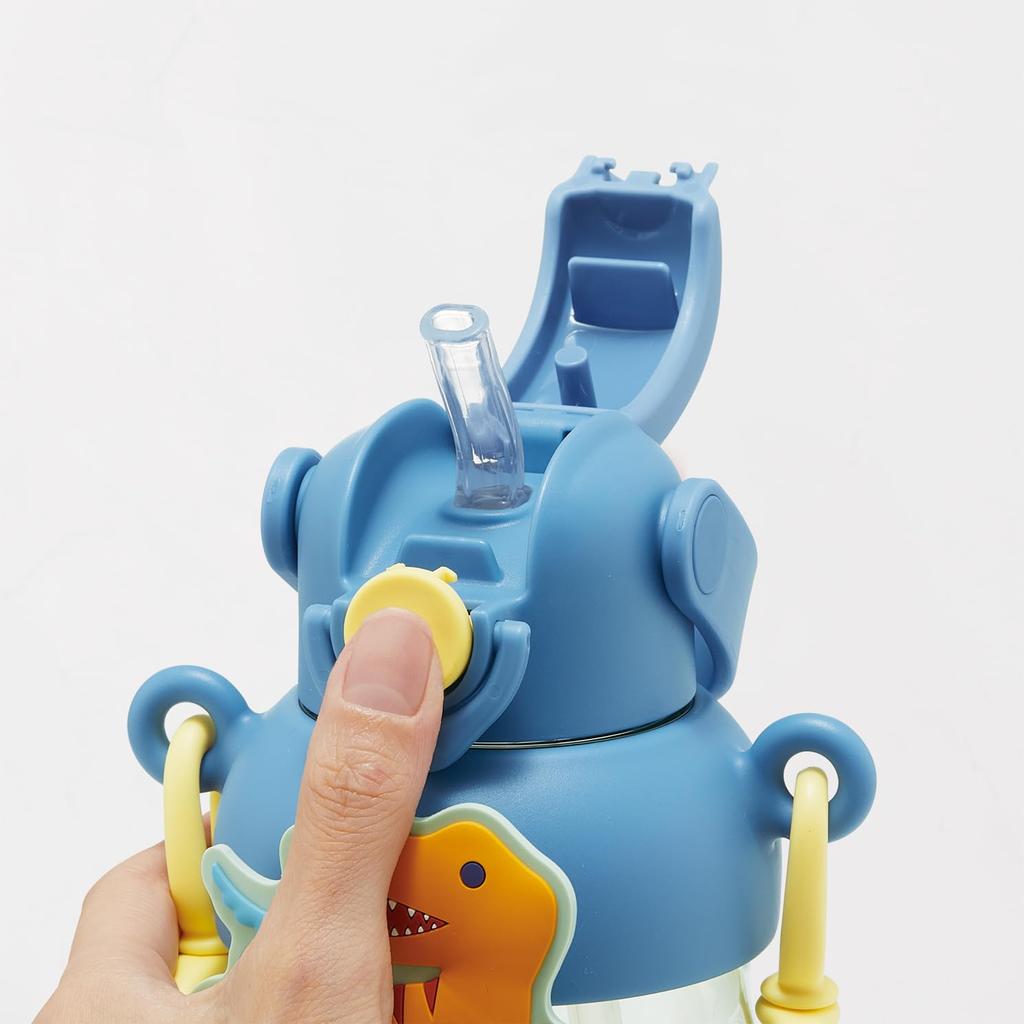 Skater Dinosaur Water Bottle with Rubber Locking and Shoulder Mascot, Straw, 650ml, One-Push Open, Function, Handle, Strap, PRMC7ST-A