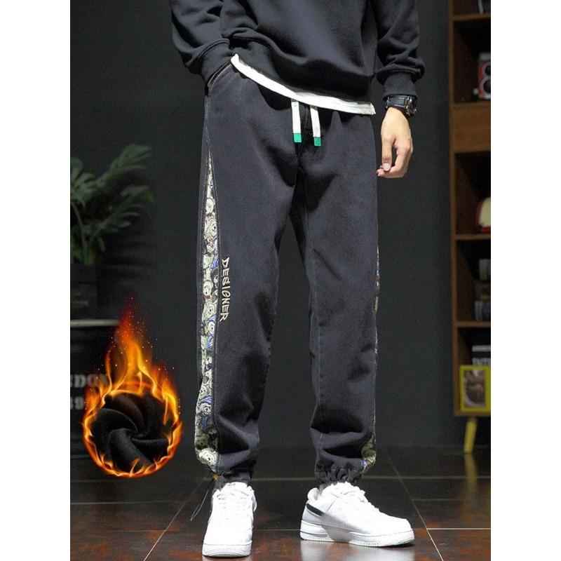 Зимние толстые флисовые теплые свободные шаровары джинсы мужские с высокой талией повседневные уличные мужские синие джинсовые брюки больших размеров