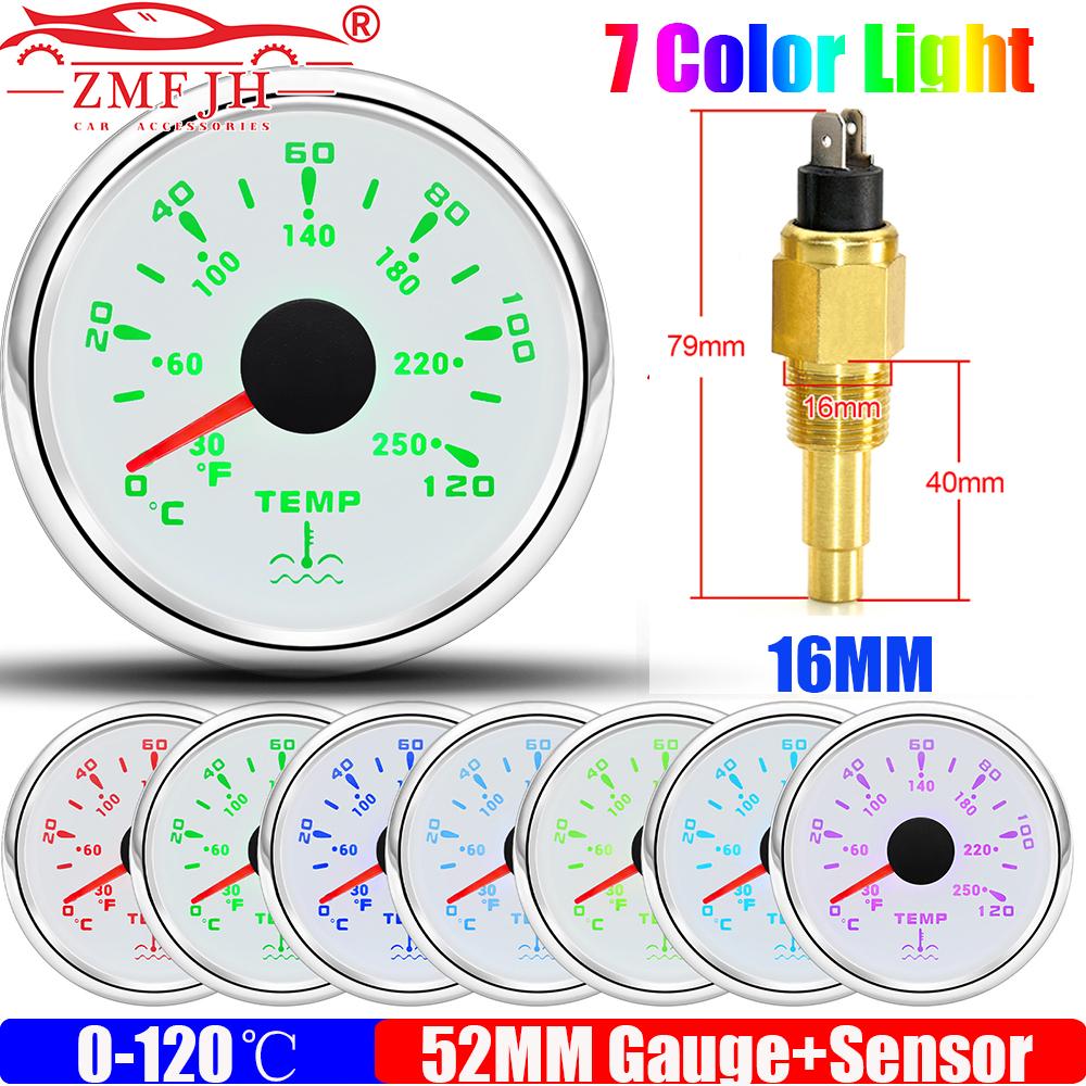 0~120℃,30~250℉ 52MM Water Temperature Gauge+Water Temp Sensor 10.2MM,12MM,16MM,17MM,21MM 7 Color Light for Boat Yacht Car 12V24V
