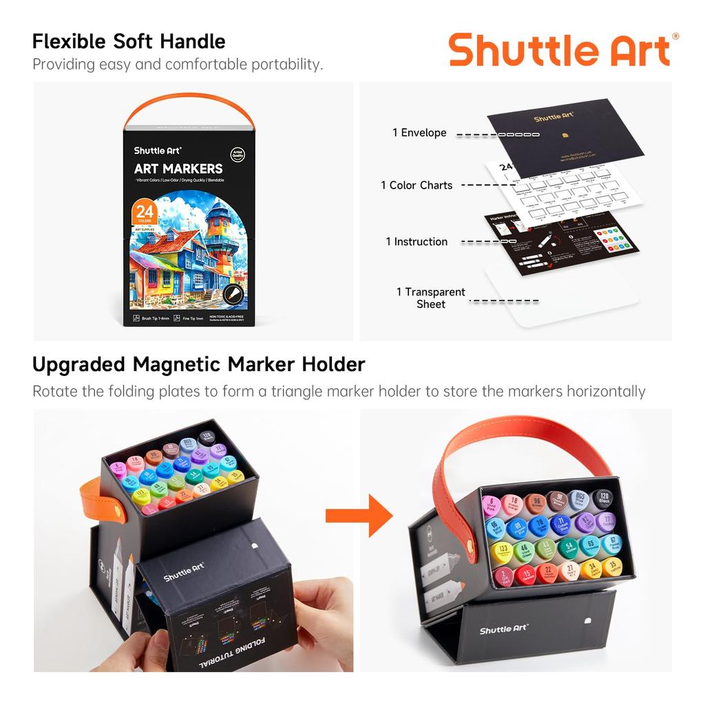 Shuttle Art Illustration Alcohol Twin Tip with Carrying Perfect for Coloring Art Adults Gift Markers, 24-Color Set, Brush-Type Markers, (Fine Tip),