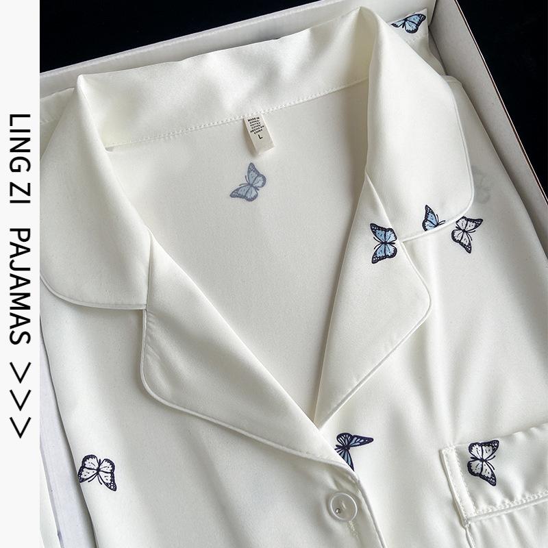 Pajamas women's summer ice silk thin long-sleeved trousers cardigan printed Korean version of high-end sense can be worn outside loungewear suit
