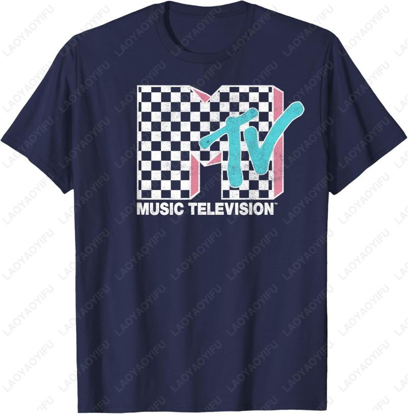 MTV Неоновый Потертый Клетчатый Логотип Графический Креативный Взрослый Хлопковая Рубашка МУЗЫКА Телевидение Ретро Мужской 1980-е 1990-е Крутые Трендовые Топы