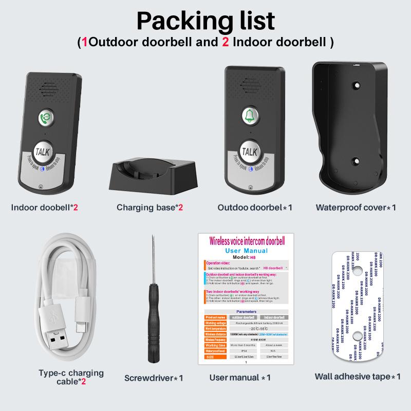2.4Ghz Wireless Audio Intercom Door Phone Two Way Voice Doorbell H8 Voice Sender&Reciever Walkie-talkie Dooring DoorBellAA