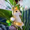 Hanging Swing Statue Resin Craft Rabbit Ornament with Imitation Rattan Rope Tree Stump Base Small Portable Home Garden Decoration