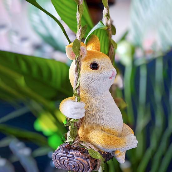 Hanging Swing Statue Resin Craft Rabbit Ornament with Imitation Rattan Rope Tree Stump Base Small Portable Home Garden Decoration