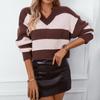 Autumn and Winter V-neck Women's Sweater Loose Retro Pullover Striped Color Block Sweater for Women