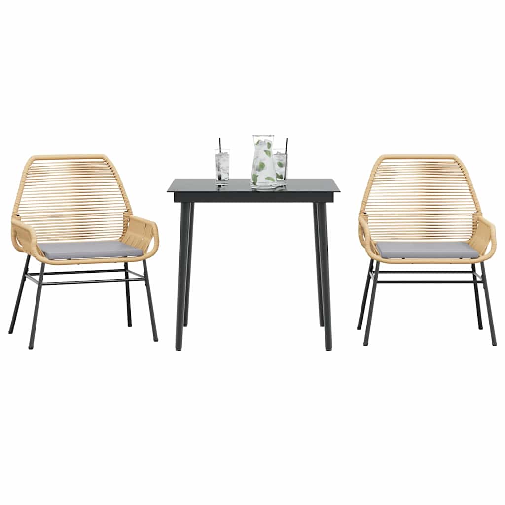 3 Piece Outdoor Dining Set with Cushions Brown Poly Rattan & Glass