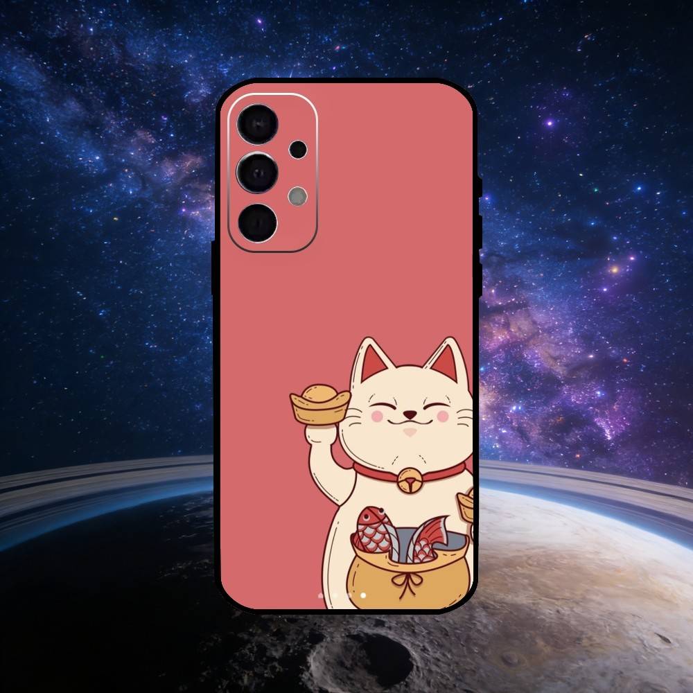 Cute Lucky Maneki Neko Cat Phone Case For Samsung S25,S24,S23,S22,S21,S20,Ultra,Plus,FE Black Soft Cover