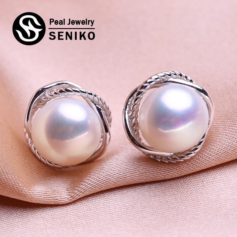 seniko 8-9mm Natural Freshwater Pearl Earrings Fashion Cubic Zirconia Stud Earrings For Women Girl Gift