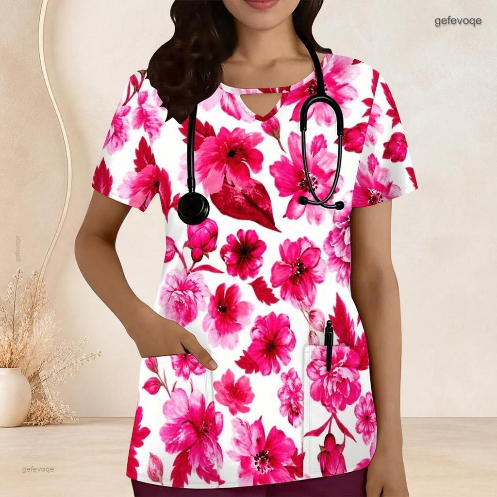 Women Plus Size Pink Floral Printed Scrub Top Keyhole Neck Short Sleeve With Front Pockets