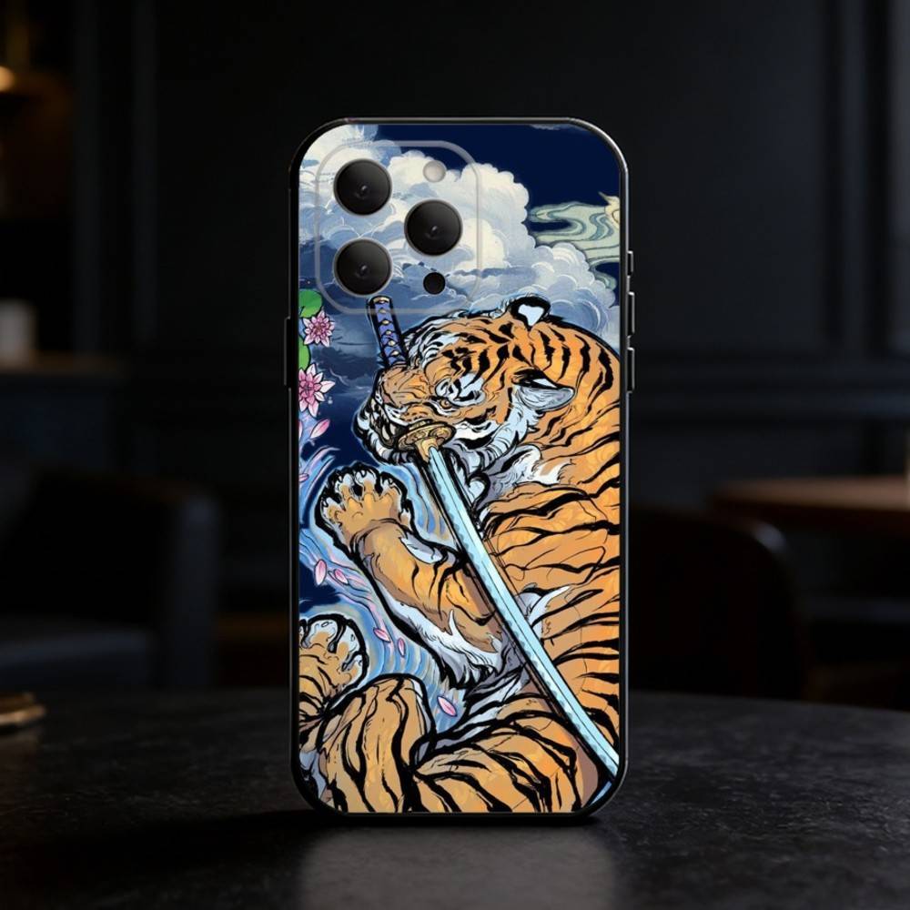 Japanese Ukiyo-e Tiger Phone Case Silicone black Soft For IPhone 17,16,15,14,13,12,11,SE,Plus Pro Max