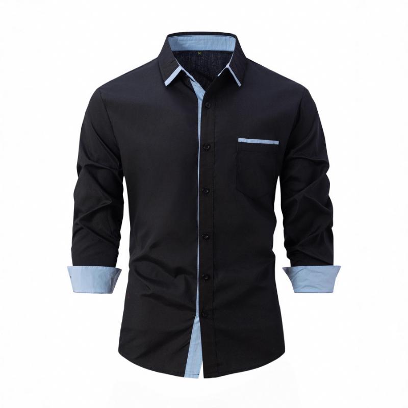 Men Contrast Black Trim Pocket Full Button Long Sleeve White Dress Shirt