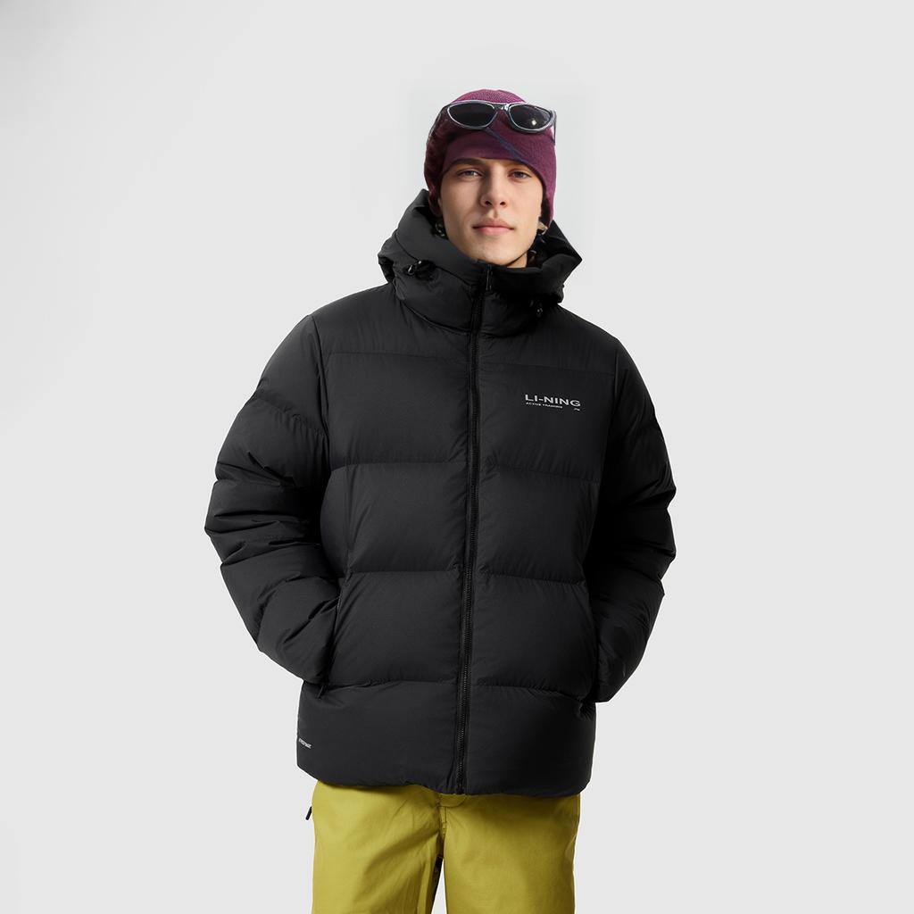 Li Ning однотонный короткий пуховик с капюшоном на молнии с длинным рукавом мужская верхняя одежда черный AYMU701-1