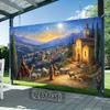 1pc Nativity scene Christmas background with starry sky, church, shepherd and sheep - Religious festival party banner, polyester