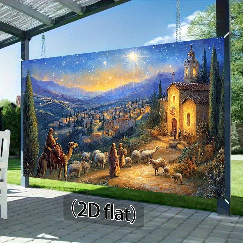 1pc Nativity scene Christmas background with starry sky, church, shepherd and sheep - Religious festival party banner, polyester