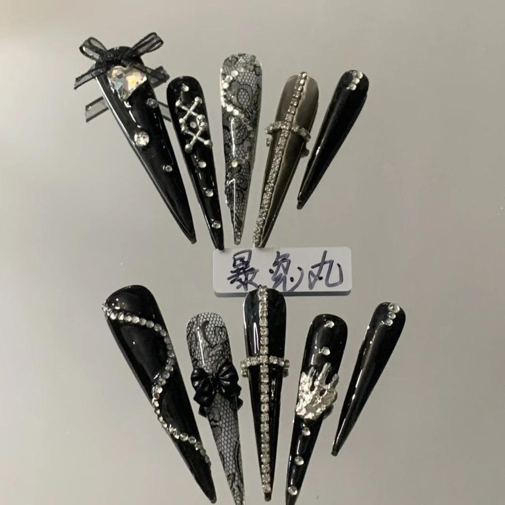 Y2K Spicy Girl Long Coffin Fake Nails Luxury Glitter Rhinestone Pearl Flower Metal Chain Press On Nails For Party