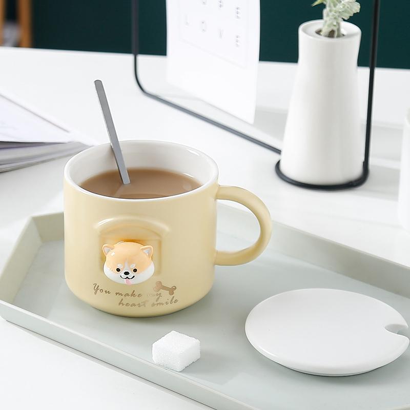 Hi 3D Ceramic Shiba Inu Akita Dog Coffee Mug Fancy Cartoon Animal Tea Cup With Lid And Spoon For Dog Lovers Milk Hot Water Mug